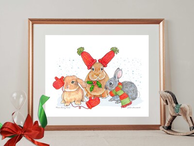 ART PRINT -WARM BUNNY EARS - A Whimsical Drawing of Bunnies - Art to Display for the Winter Season - Brighten Any Room for the Holidays - image2